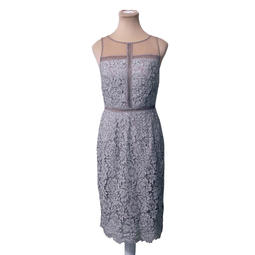 Adrianna Papell Womens Grey Floral Lace Sheath Dress 2 Cocktail Wedding Guest